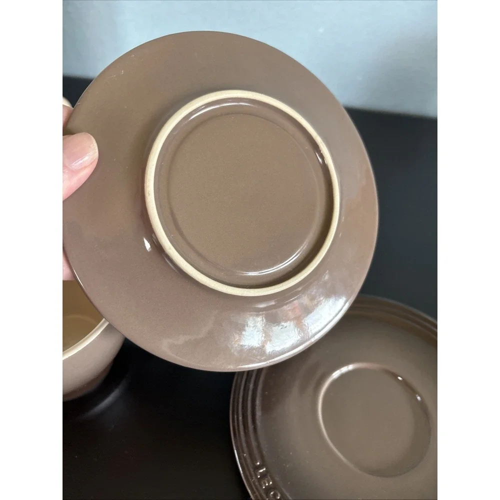 Le Creuset Tea Cup & Saucer Brown Gray Set of 2 Stoneware
